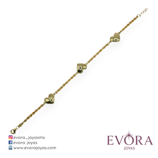 Pulsera 3 Corazones Trenzas de Oro 10k