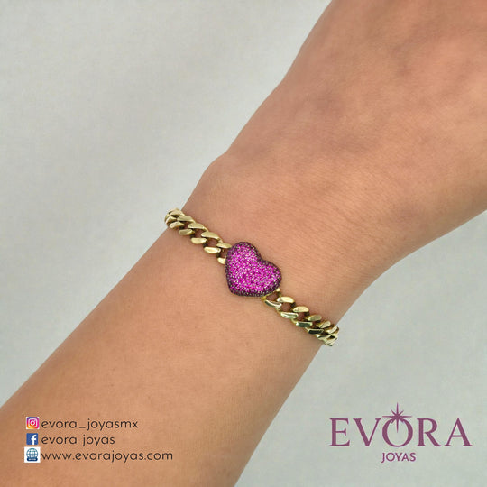 Pulsera Corazon de zirconia rojo Oro 10k