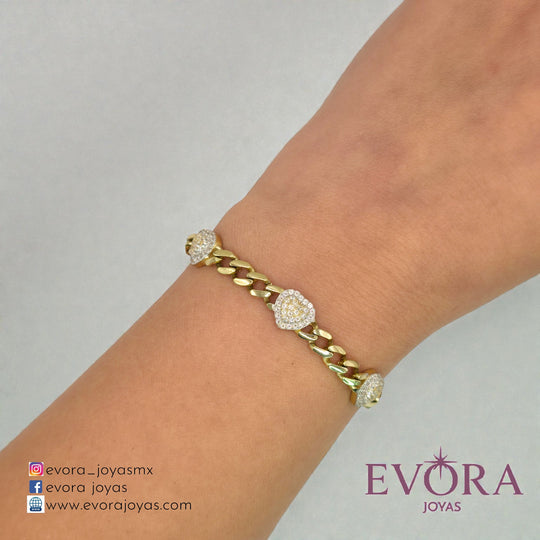 Pulsera 3 Corazones Zirconias de Oro 10k