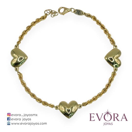 Pulsera 3 Corazones Trenzas de Oro 10k