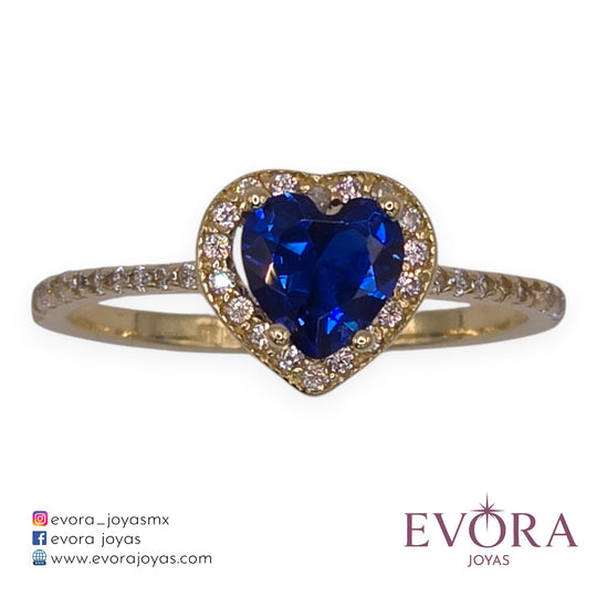 Anillo Corazon Ziconia Azul de Oro 10k