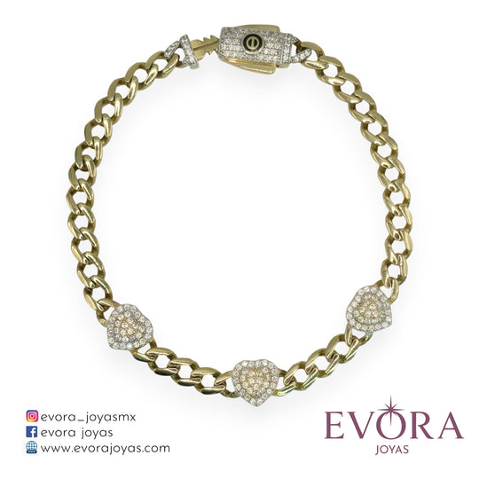 Pulsera 3 Corazones Zirconias de Oro 10k