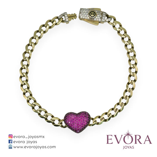 Pulsera Corazon de zirconia rojo Oro 10k